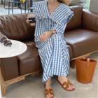 Bell-sleeve Collared Plaid Dress