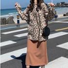 Leopard Print Long-sleeve T-shirt / Midi Slit A-line Skirt