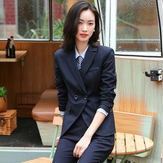 Plain Shirt / Pencil Skirt / Dress Pants / Double-breasted Blazer / Striped Tie / Set