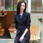 Plain Shirt / Pencil Skirt / Dress Pants / Double-breasted Blazer / Striped Tie / Set