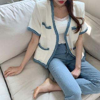 Short-sleeve V-neck Piped Tweed Jacket Ivory - One Size