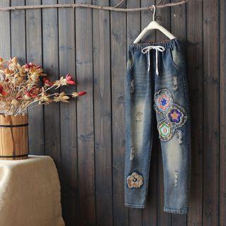 Applique Straight-fit Ripped Jeans