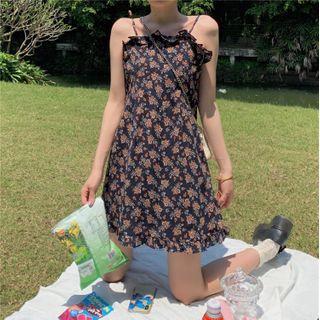 Spaghetti Strap Floral Print Mini Dress Black - One Size