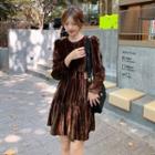 Long-sleeve Tiered Velvet A-line Dress