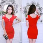 Short-sleeve Rhinestone Mini Sheath Dress