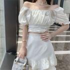 Set: Sequined Bow Puff-sleeve Cropped Blouse + Ruffle Hem Mini A-line Skirt