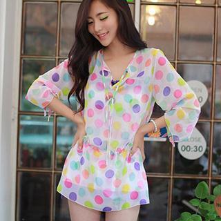 Set: Polka Dot Bikini + Swim Skirt + Cover-up Dress