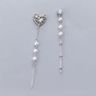 925 Sterling Silver Non-matching Faux Pearl Heart Dangle Earring As Shown In Figure - One Size