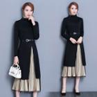 Set: Mock-neck Slit Detail Long-sleeve T-shirt + Midi Pleated Skirt