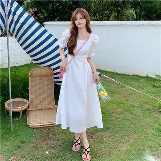 Puff Short-sleeve Square-neck Plain Lace-up Dress
