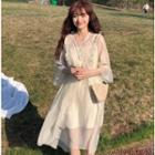 Set: Ruffle 3/4-sleeve A-line Dress + Spaghetti-strap Dress Almond - One Size