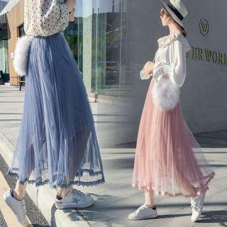Crochet Trim Midi A-line Mesh Skirt