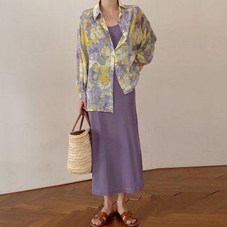Long-sleeve Printed Shirt / Spaghetti Strap Midi A-line Dress