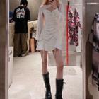 Set: Long-sleeve Shrug + Spaghetti Strap Drawstring Mini A-line Dress