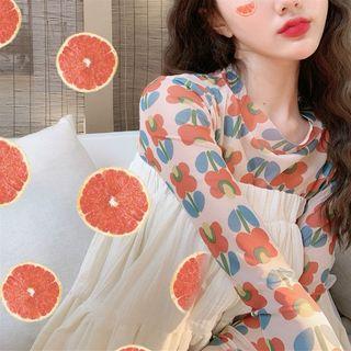 Floral Long-sleeve Top / Plain Sleeveless Dress