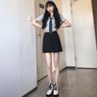 Plain Cropped Top With Tie / High-waist Plain Split A-line Skirt