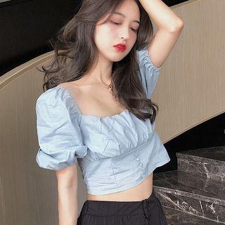 Puff-sleeve Crinkled Cropped Top Blue - One Size