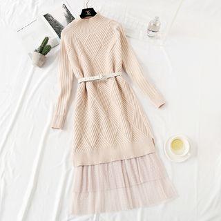 Set: Mock-turtleneck Patterned Sweater + Midi Dotted Mesh Skirt