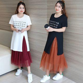 Set : Slit Short-sleeve T-shirt + Tulle Skirt