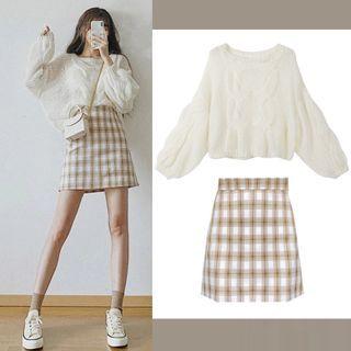 Set: Puff Sleeve Cable Knit Sweater + Plaid Mini A-line Skirt