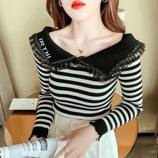Collared Mesh Trim Knit Top
