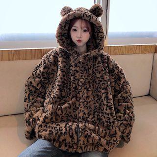 Bear Ear Leopard Fleece Hooded Zip Jacket