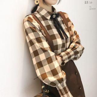 Gather-cuff Tie-neck Gingham Blouse