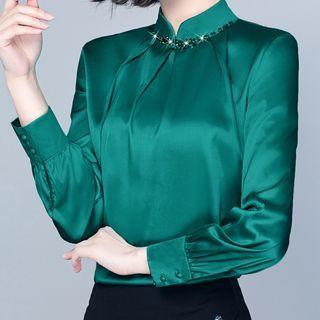 Long-sleeve Embellished Mock-neck Silky Blouse