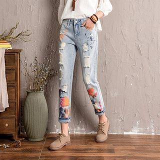 Distressed Printed Cropped Jeans
