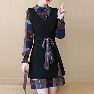 Set: Plaid Long-sleeve Mini A-line Dress + Mini Pinafore Dress