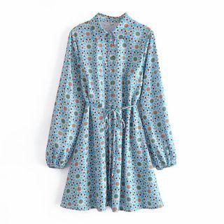 Long-sleeve Patterned Sashed Shirt Dress