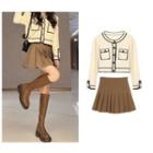Contrast Stitching Cardigan / Pleated Skirt