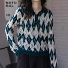 Argyle Collared Sweater Argyle - Green & White - One Size