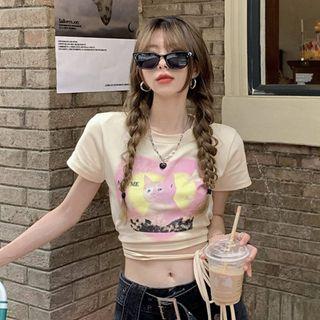 Cat Print Tie-strap Cropped T-shirt Cat Print - Beige - One Size