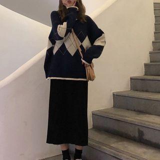 Set: Argyle Oversize Sweater + Knit Midi Straight-fit Skirt