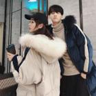 Couple Matching Faux-fur Color Block Hooded Padded Coat