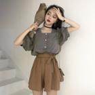 Square-neck Elbow-sleeve Blouse / High-waist Shorts