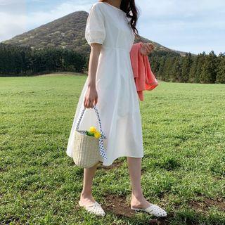 Puff-sleeve A-line Dress White - One Size