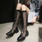 Fishnet Paneled Lace-up Low Heel Knee High Boots