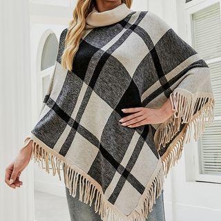 Plaid Turtleneck Fringed Cape