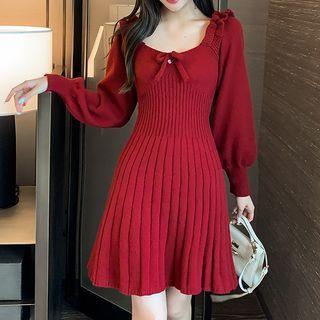 Puff-sleeve Square-neck Knit Mini Dress