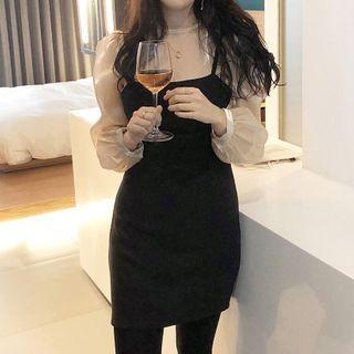 Sheer Long-sleeved Blouse / Sleeveless Knit Dress