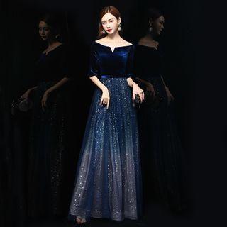 Elbow-sleeve Sequined Mesh Evening Gown