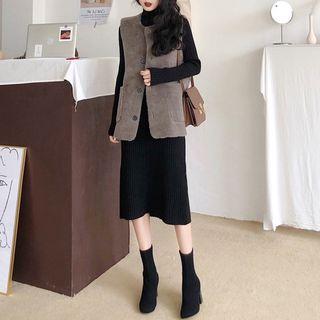Turtleneck Long-sleeve Sweater Dress / Vest / Set
