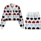 Heart Print Cardigan / Knit Mini Pencil Skirt