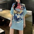 Frog-button Printed T-shirt Dress As Shown In Figure - One Size