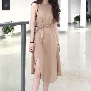Set: Plain Halter Top + Front-slit Midi A-line Skirt