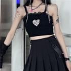 Sleeveless Lace Trim Heart Cropped Top Black - One Size