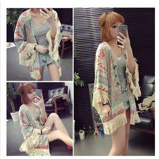 Patterned Fringed Hem Open-front Jacket