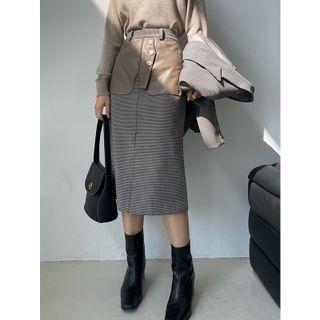 High Waist Faux Leather Panel Plaid Midi Pencil Skirt